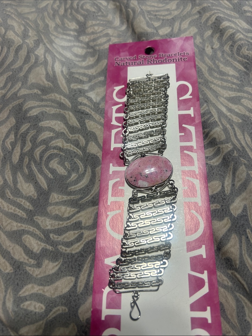 Natural Rhodonite Silver-Tone Statement Bracelet - Pink Stone